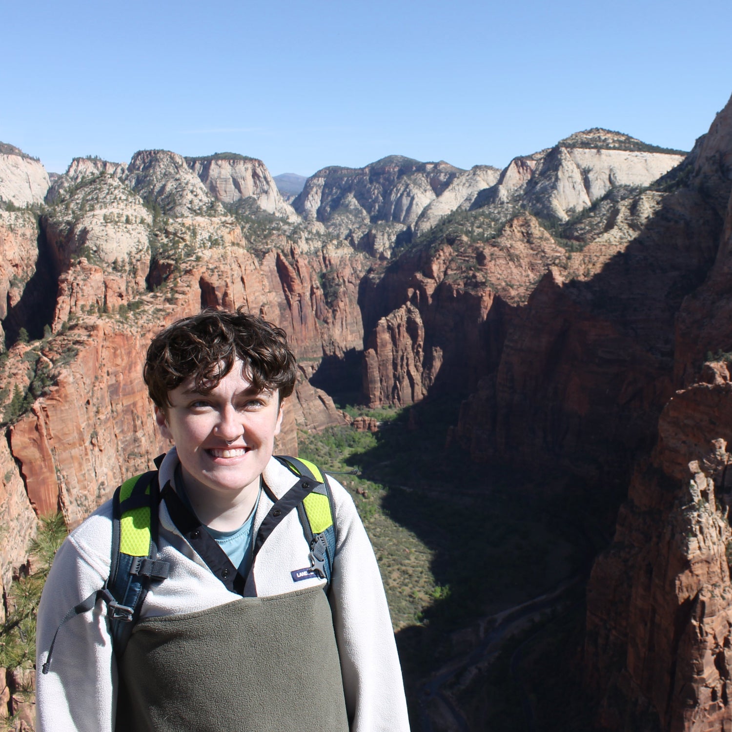 Person standing in front of a scenic view of Zion National Park with towering rock formations.