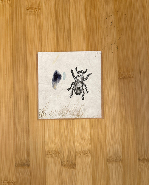 Small square tile with a beetle design on a wooden surface